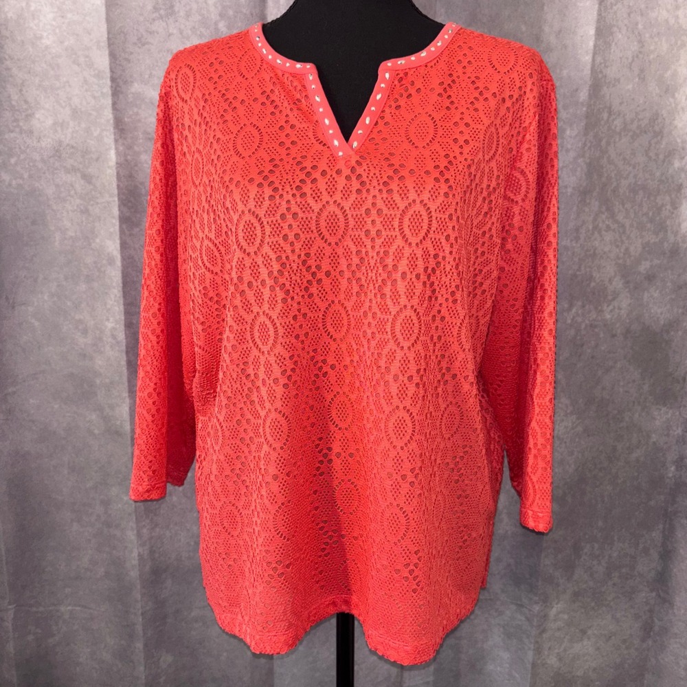 Alfred Dunner Coral Pink Lace Studded V-Neck Top Excellent Women PLarge
